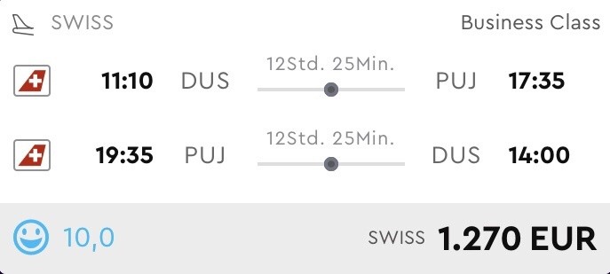 Business Class DomRep nur 1.270 Euro