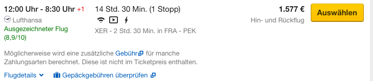 In der Business Class nach Peking für 1.577 Euro