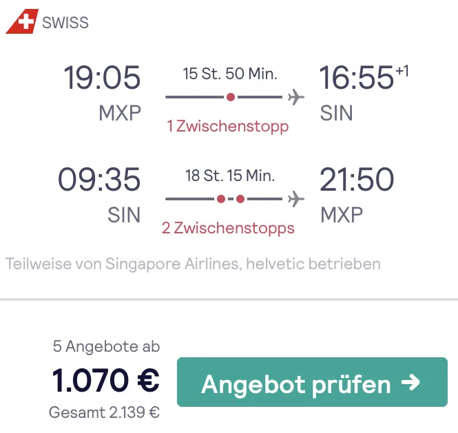 Nach Singapur in der Business Class nur 1.070 Euro