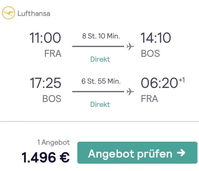 Boston in der Business Class für 1.496 Euro