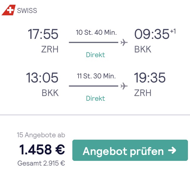 Nach Bangkok in der SWISS Business Class nur 1.458 Euro