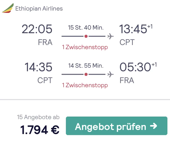 Ab Deutschland nach Kapstadt in der Business Class für 1.794 Euro
