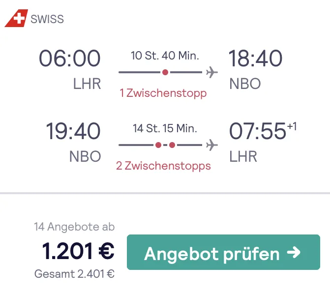 Nach Nairobi in der Business Class für 1.201 Euro