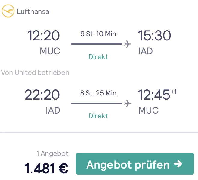 Mit Lufthansa-Direktflug in der Business Class nach Washington nur 1.481 Euro
