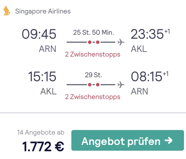 In der Singapore Airlines Business Class nach Neuseeland für 1.772 Euro