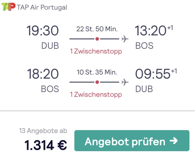 TAP Business Class nach Boston für 1.314 Euro