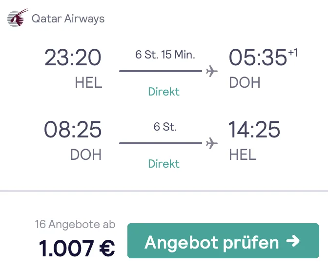 Mit Qatar Airways in der Business Class nach Doha für 1.007€