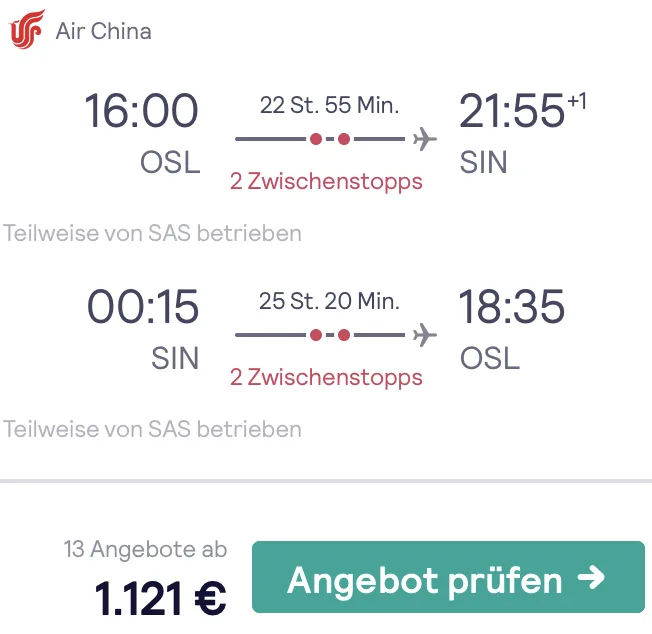 Nach Singapur in der Business Class für 1.121 Euro