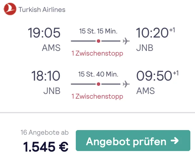 Mit Turkish Airlines in der Business Class nach Südafrika für 1.545 Euro