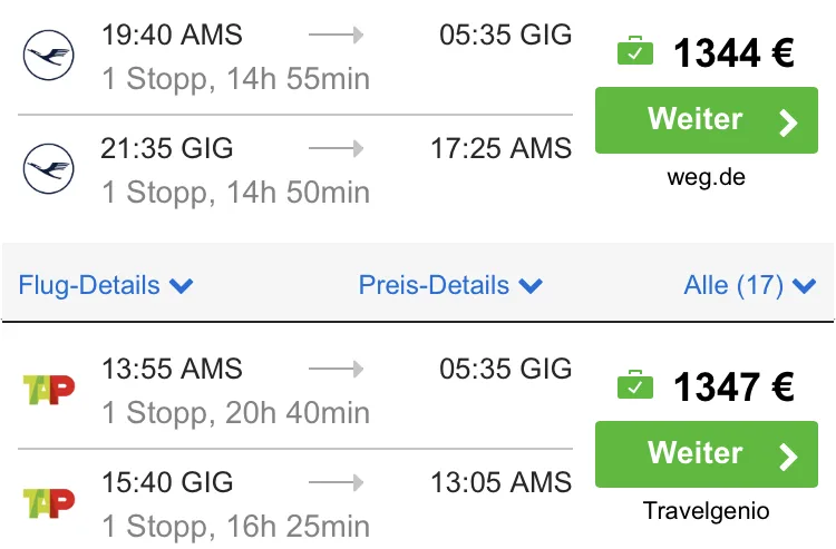 Rio de Janeiro in der Lufthansa Business Class für 1.344 Euro