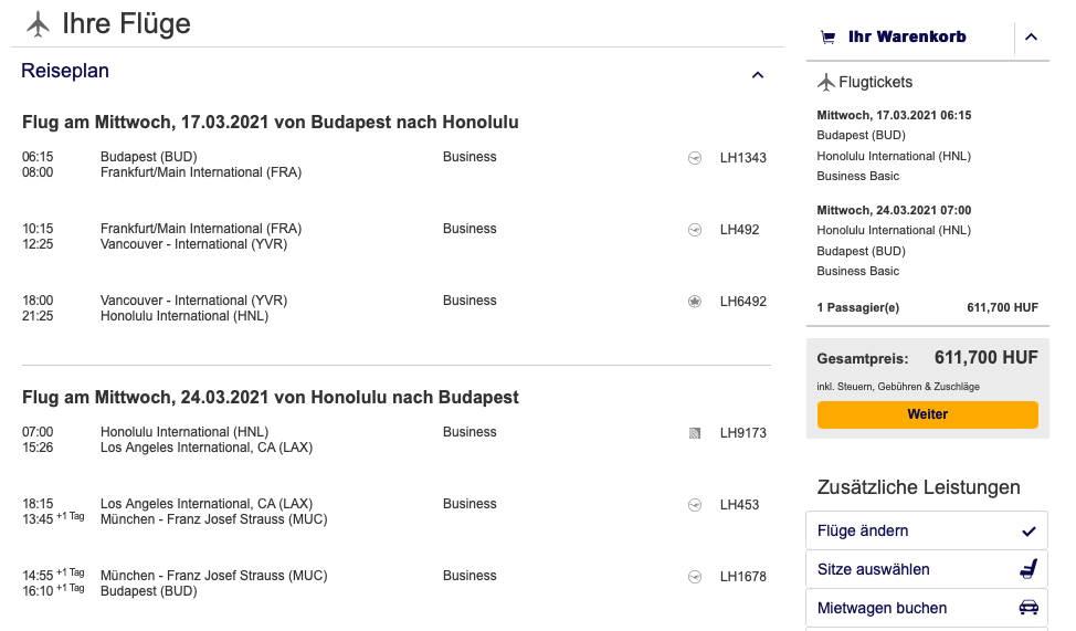 Lufthansa Business Class nach Hawaii