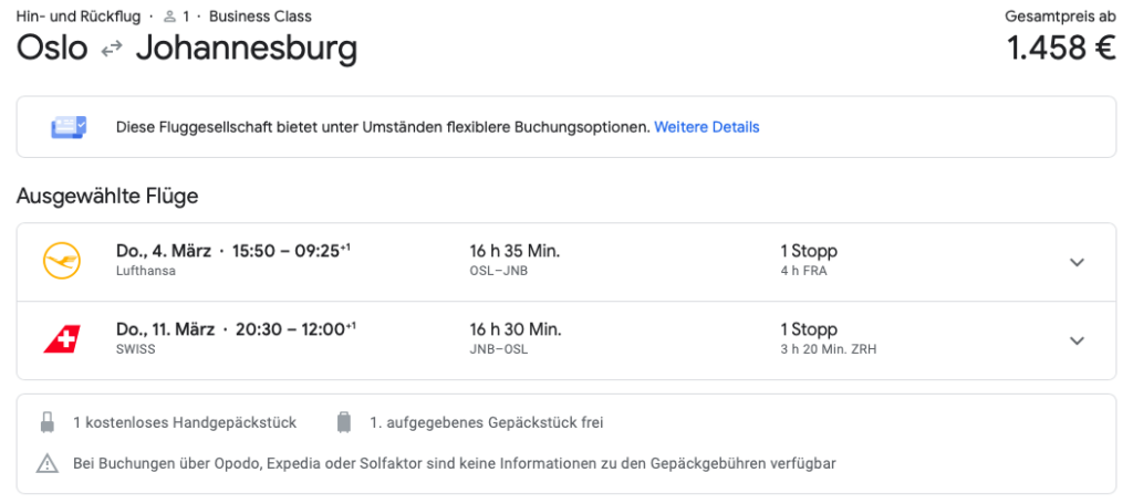 Lufthansa Business Class nach Südafrika für 1.458 Euro