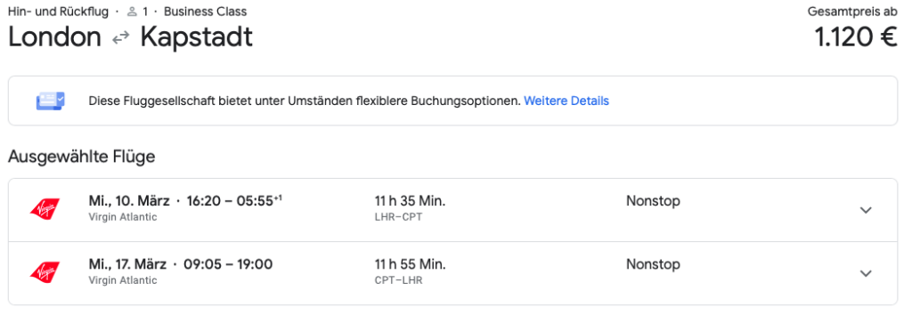 Virgin Atlantic Business Class nach Kapstadt nur 1.120 Euro