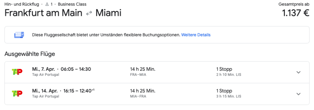 Mit TAP ab Frankfurt nach Miami in der Business Class nur 1.137 Euro