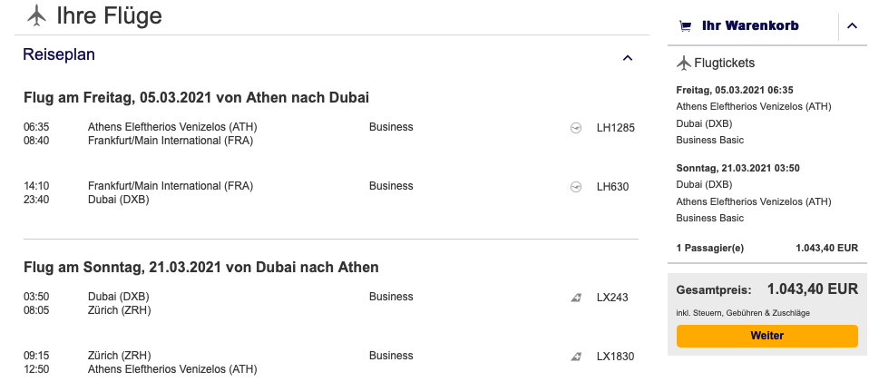 Dubai in der Lufthansa/SWISS Business Class für 1.043 Euro