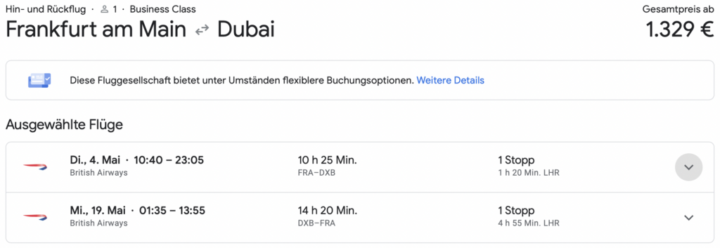 Ab Deutschland in der Business Class von British Airways nach Dubai für 1.329 Euro