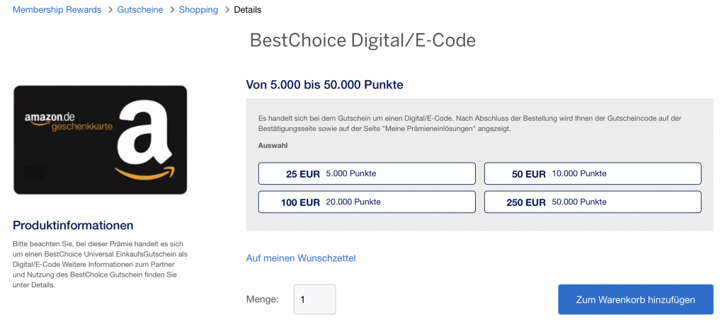 Kauf von Gutscheinen über Amex MR Punkte