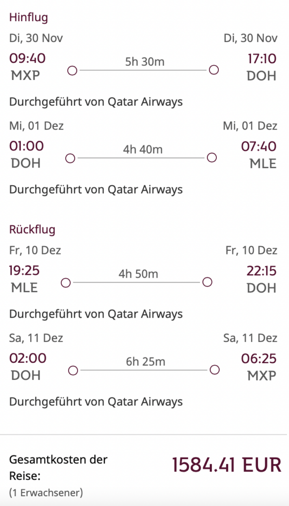 Auf die Malediven in der Qatar Business Class für 1.585 Euro