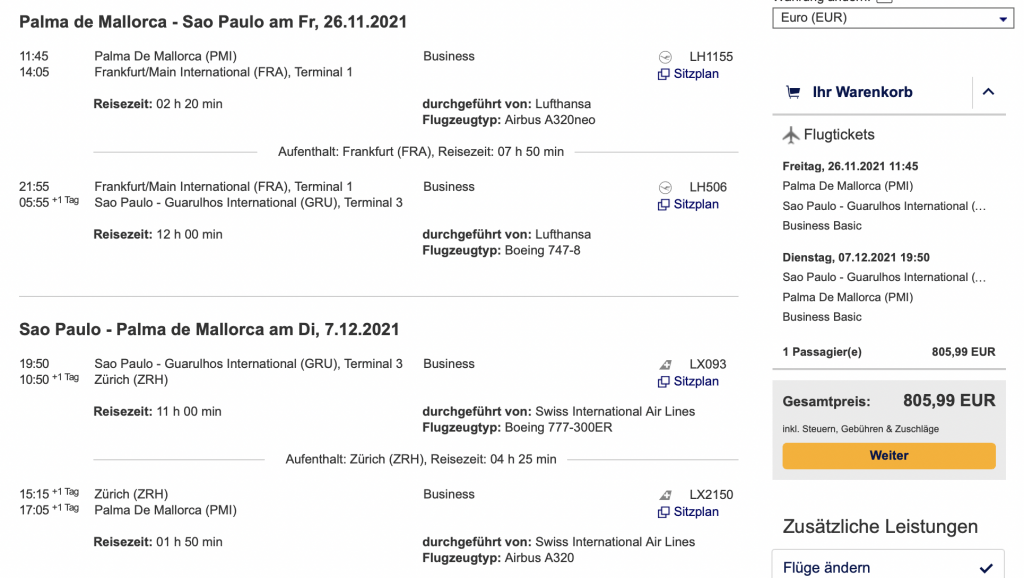 Lufthansa und SWISS Business Class für nur 806 Euro nach Brasilien