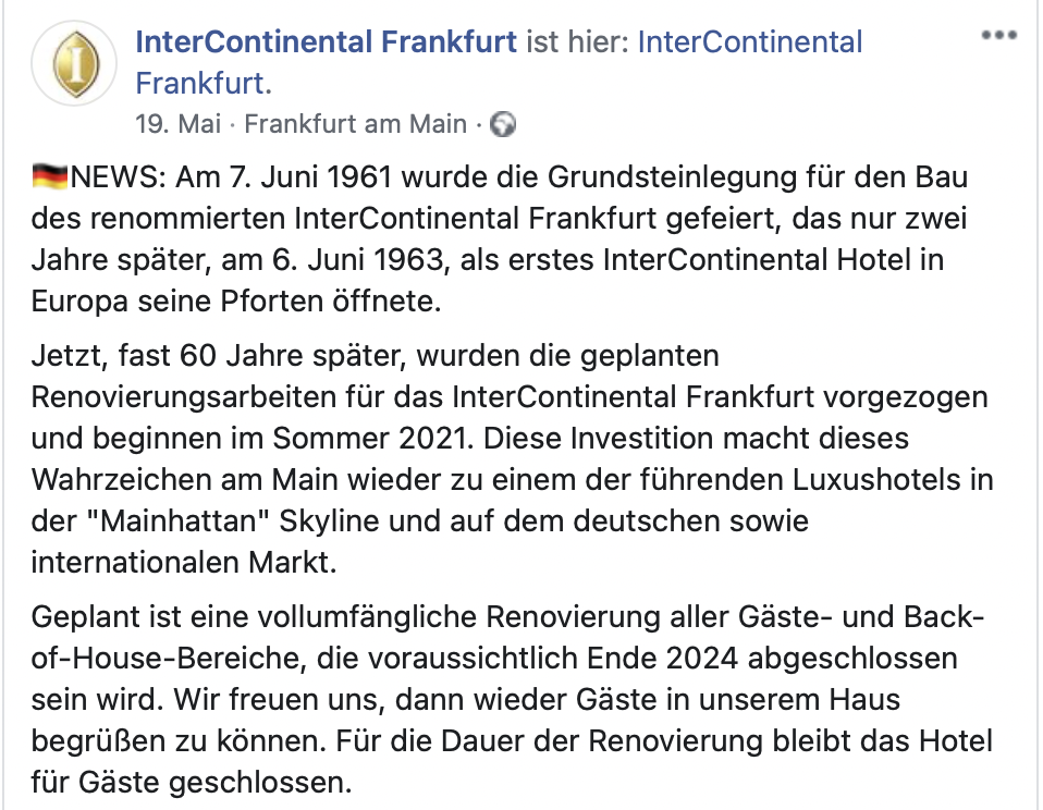 Facebook Beitrag vom Intercontinental Frankfurt über die Renovierung