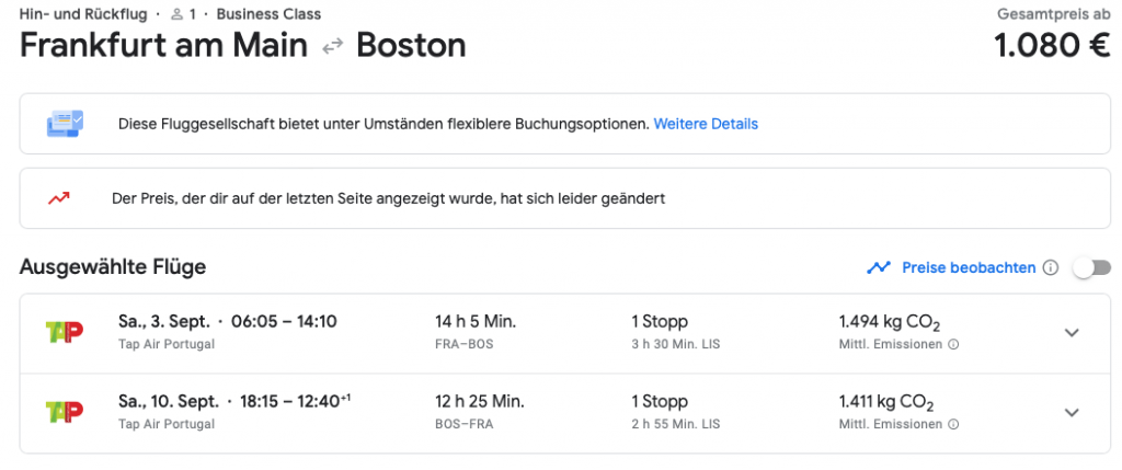 In der Business Class an die Ostküste der USA für nur 1.080 Euro